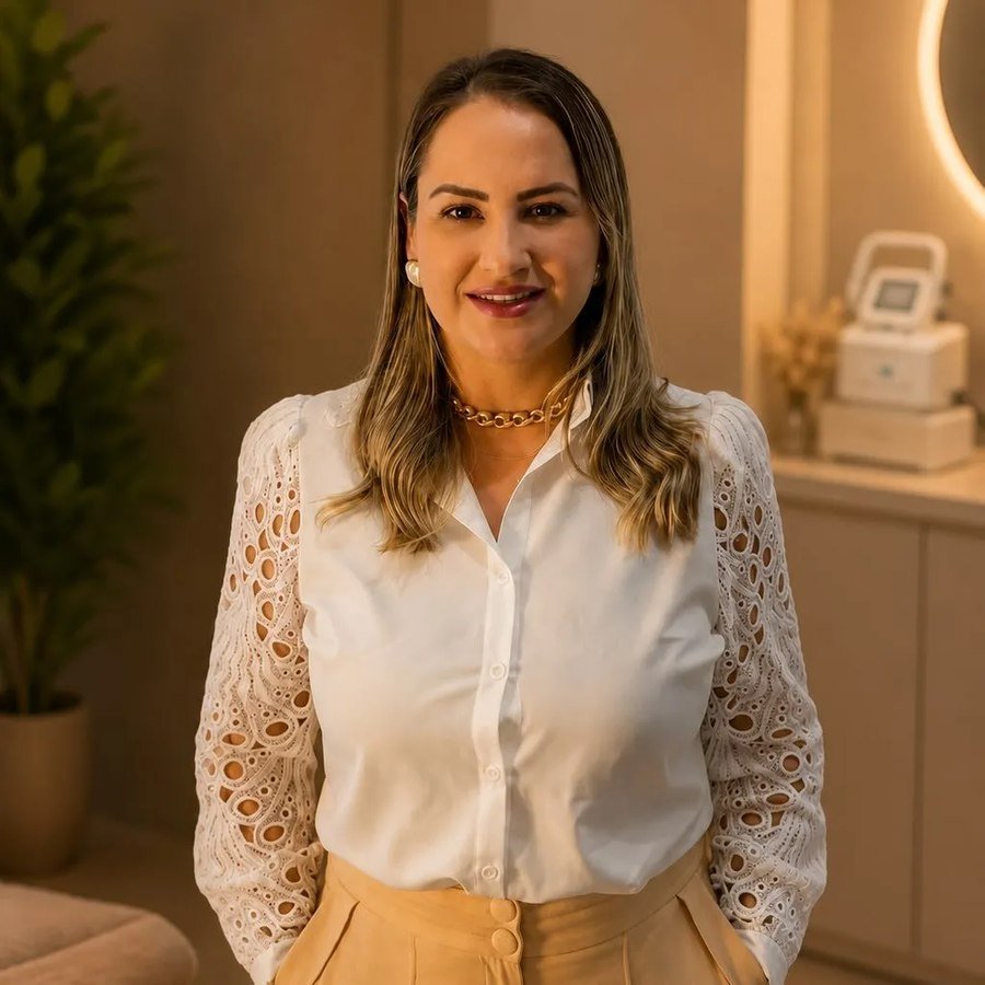 Jaqueline Lopes de Melo sorrindo em seu consultório de estética